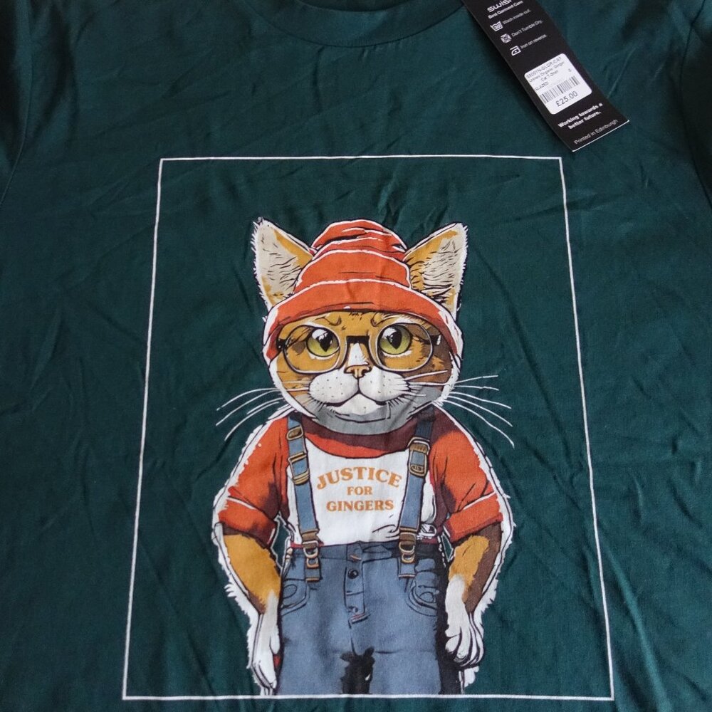 NWT SWISH Edinburgh – Justice of Gingers Cat Green Short Sleeve Tee – Small